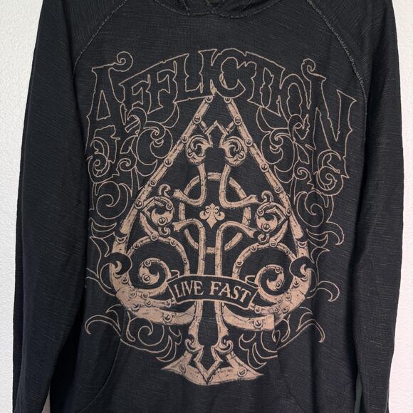 Affliction Hoodie Mens Large Reversible Shredded Dusk Skull Fleur De Lis Y2K NEW - Picture 10 of 14